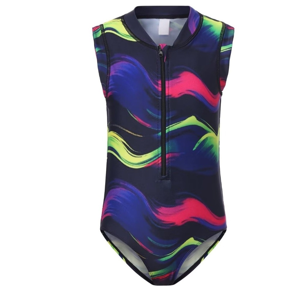 Girls Sleeveless Half Zip One Piece Swimsuit Neon Wave Rash Guard Size 15/16